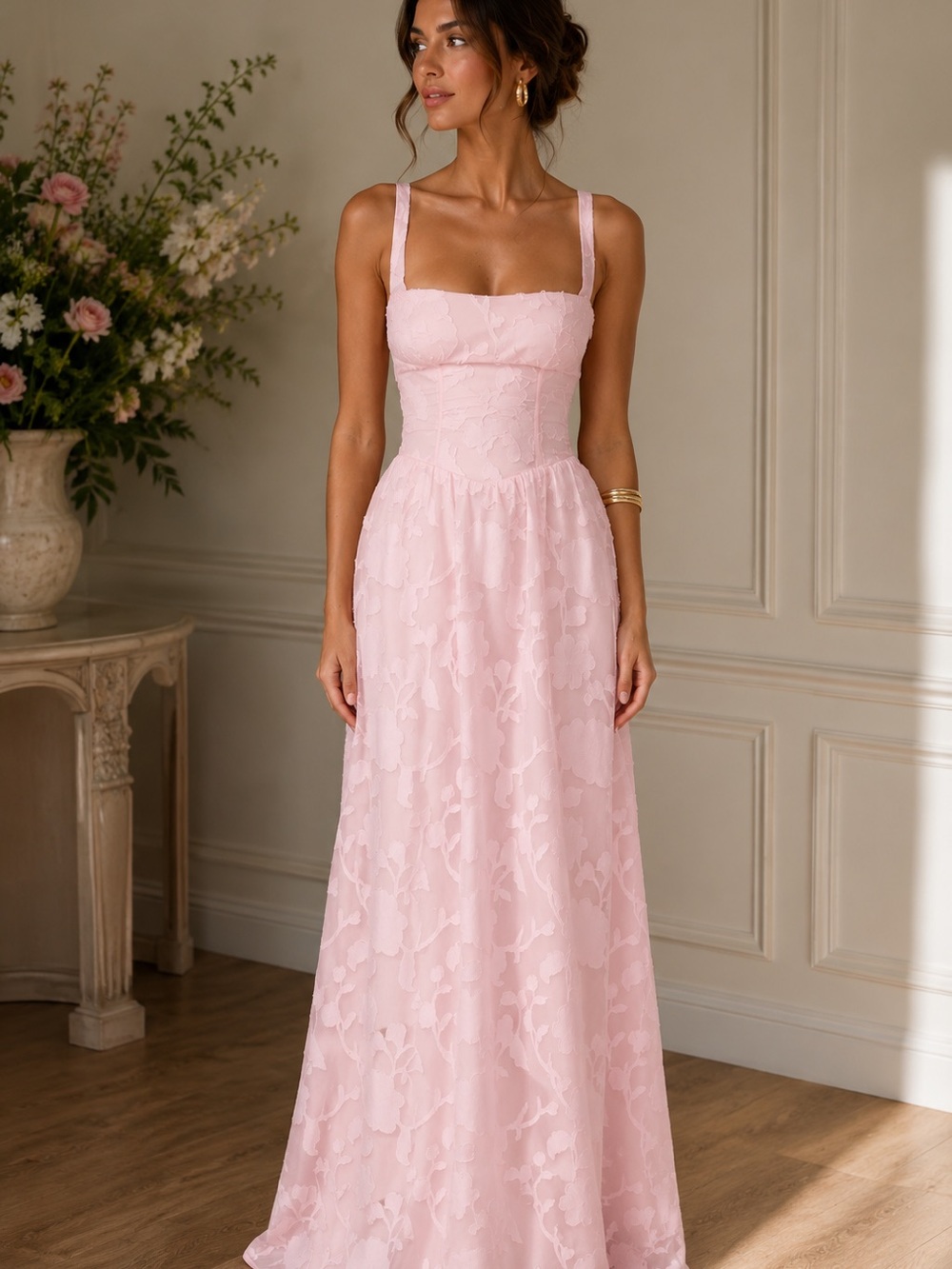Elegant Pink Lace Maxi Dress with Square Neck